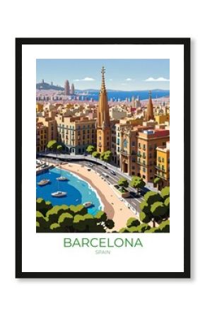 Barcelona Cityscape Spain Eco Friendly Travel Poster Art Print Decor Gift Canvas Wall Retro Illustration