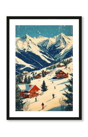 vintage inspired poster of ski resort with snow covered mountains, cozy cabins, and skiers enjoying winter landscape