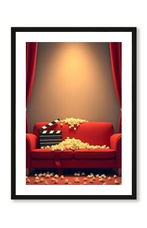 Cinema poster with red sofa, spilled popcorn and a movie clapperboard on a backdrop with red curtains