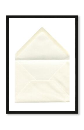 front view of old open aged paper envelope isolated on white