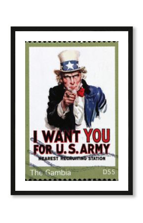 Recruitment poster for World War I on american stamp