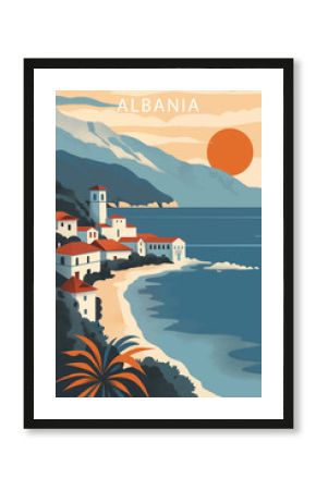 Vintage travel poster of Albania, Adriatic Coastline. Vertical banner with tranquil picturesque view, beautiful landscape. Ai generated image..