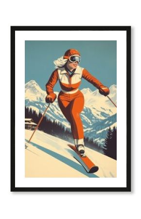 Retro pop art depiction of skiing from the 1950s.
