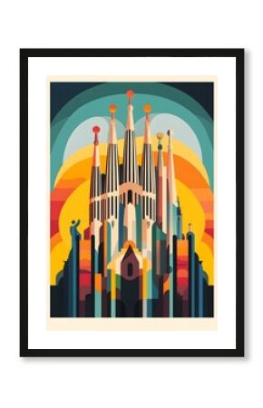 Vibrant Minimalist Poster of Iconic Barcelona Landmarks in Retro Travel Style