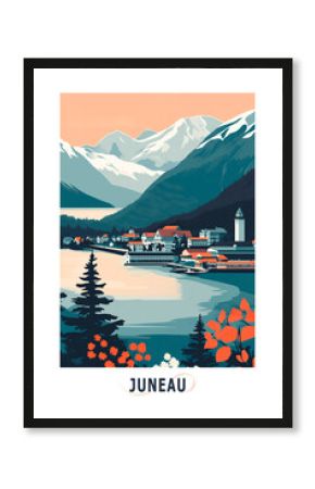 Juneau City USA, Alaska state illustrated poster in retro style. Vintage travel booklet, postcard, print, cover with skyline, landscape, lakeside view at sunrise