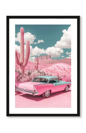 vertical stylish nostalgic retro illustration in pink colors vintage luxury car in desert with cactus