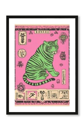 Green Striped Tiger Seated with Asian Script and Border Elements in Pink Tones Artistic Style
