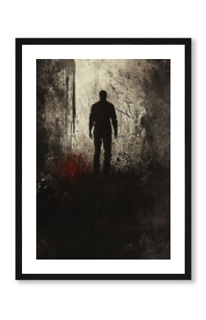 Silhouette of an adult man standing in the dark, with red splatters on his back, resembling a gritty horror movie poster. The atmosphere is dark and gloomy, rendered in a digital art style 
