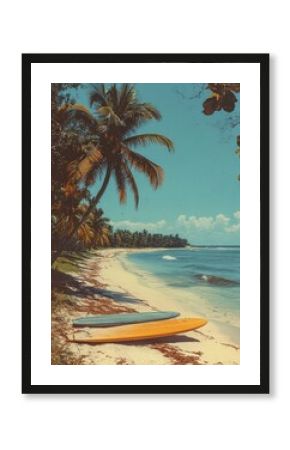 Vintage Beach Scene with Surfboards and Pastel Umbrellas for Summer Retro Banner Background