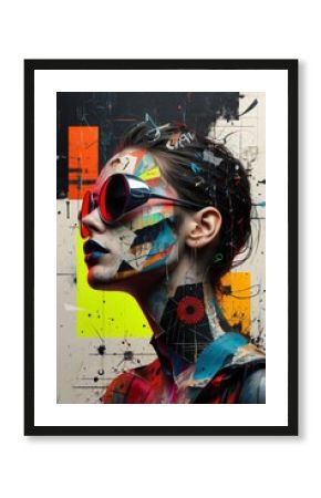 Retro futuristic poster with 80s and 90s high fashion aesthetic. Grunge noise Creative Mixed media collage. Stylish vintage backdrop, grunge graphic design style.