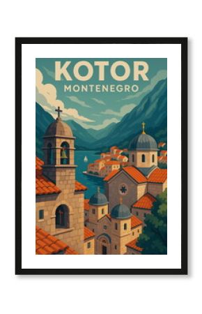 Vintage travel poster illustration of Kotor, Montenegro featuring iconic architecture and landscapes. Retro style tourism art, perfect for travel, adventure, and wanderlust concepts.  