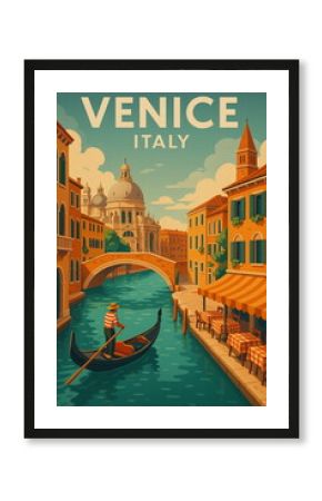 Vintage travel poster illustration of Venice, Italy featuring iconic architecture and landscapes. Retro style tourism art, perfect for travel, adventure, and wanderlust concepts.  