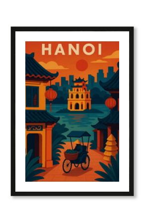 Vintage travel poster illustration of Hanoi, Vietnam featuring iconic architecture and landscapes. Retro style tourism art, perfect for travel, adventure, and wanderlust concepts.  