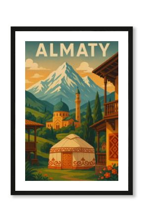 Vintage travel poster illustration of Almaty, Kazakhstan featuring iconic architecture and landscapes. Retro style tourism art, perfect for travel, adventure, and wanderlust concepts.  
