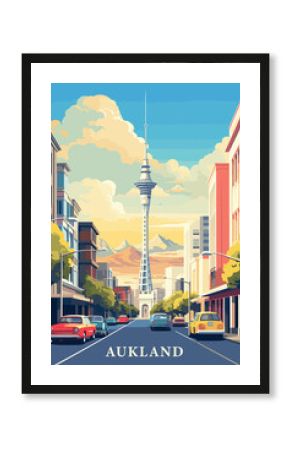 Auckland, New Zealand illustrated poster in retro style. Vintage travel booklet, brochure, postcard, print, cover with city panorama