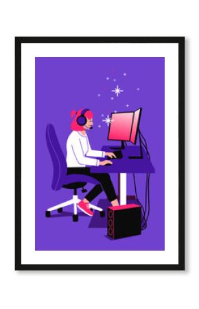 Gamer playing video games on computer. 2 monitors on desk. Female gamer with headphones playing computer games and streaming at night.