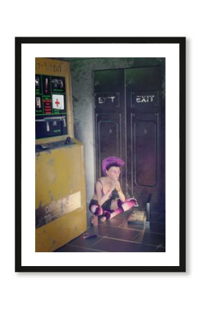 A 3d digital render of young woman with purple hair and purple striped socks, looking at a portable computer in the lobby of a building with sci fi vending machine and metal panels.