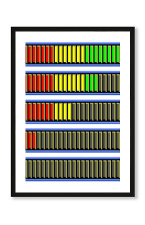 A set of stamina bars from a retro vintage video game (8 bit pixel style), with varying energy levels, from full to empty, isolated on a white background. 