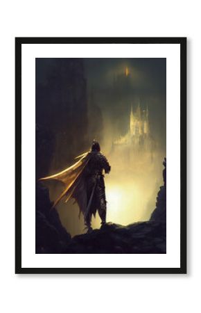 illustration de chevalier en armure avec cape devant un château médiéval fantastique 