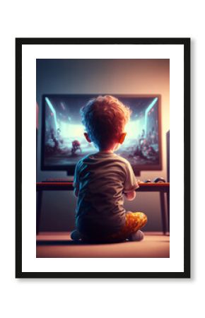Kid playing video games in his room. Back view of a child sitting in front of a monitor. Colorful lights and cartoon style. Generative ai