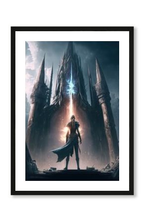 illustration de fantasy, jeune fille guerrière de dos dace à une tour médiévale, ambiance magique et héroïque