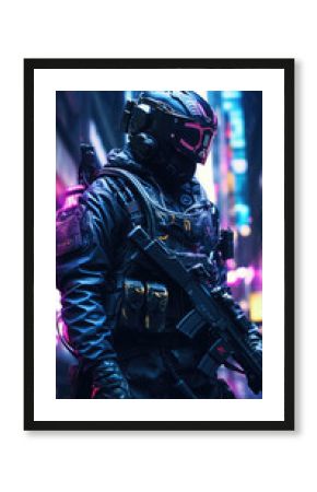 A striking futuristic image features a bounty hunter, dressed in an adaptive camouflage suit, stalking through a neonlit street. This depiction demonstrates how the intermediary equips