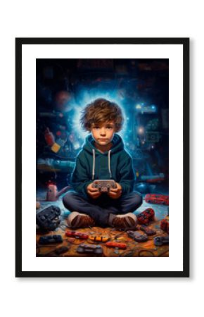 Child gamer plays with a joystick. Generative AI,