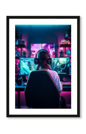 Unrecognizable girl playing professional videogames with headphones. Generative AI.