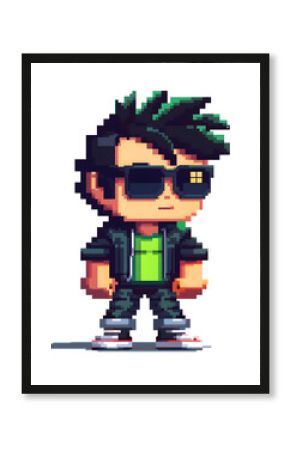 Pixel Art boy character with sunglasses Isolated on transparent background, Game character