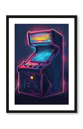 Retro Wave Style Arcade Machine Poster with Joystick, Buttons, and Neon Lights for Video Game Console Play