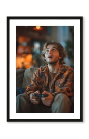 Young man sitting at home playing a video game