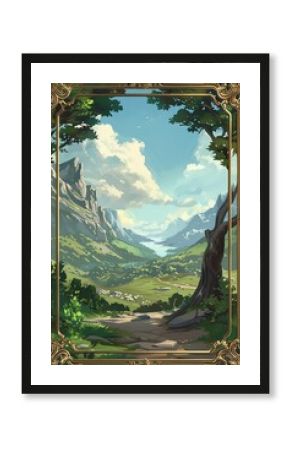 A cartoon-style fantasy RPG game card background featuring a mythical blue and green landscape framed by dark, ornate edges