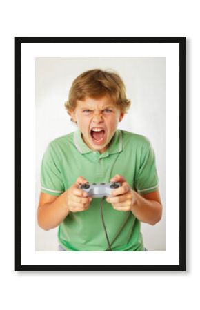 Angry Boy Playing Video Games on White Background