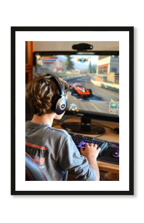 Teenage boy wearing big headphones playing racing game at home. Young teen kid playing videogame on his desktop computer. Computer games addiction in children.