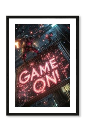Dynamic Futuristic Scene with Neon Lights and Robotic Figures: Game On for the Digital Age