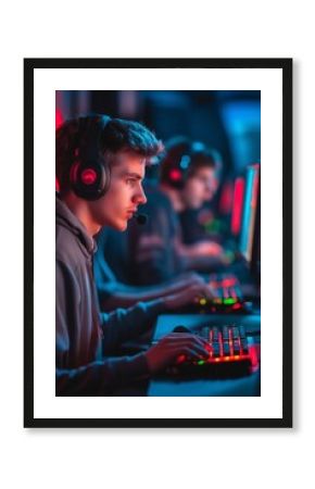Cybersports gamers team seated at computers, wearing large headphones with microphones, focused on gameplay. Competitive gaming and team collaboration in eSports.