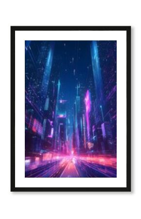 A futuristic cityscape with neon lights and skyscrapers, serving as a background for a video game or motion graphics