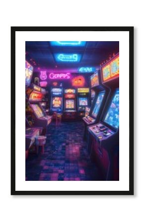 Retro arcade with glowing neon signs.