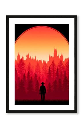 Silhouetted figure in a forest before a fiery sunset and a distant castle