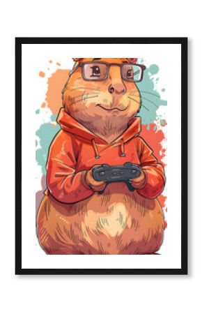 Cartoon hamster wearing glasses and a hoodie, engrossed in playing a video game.
