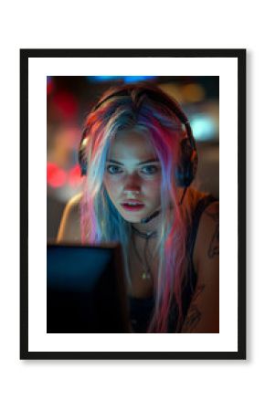 A determined young woman with brightly dyed hair engages intensely in a computer game, wearing headphones. The ambient lighting creates an exciting atmosphere perfect for late-night gaming