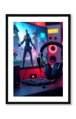 Gaming setup with headphones on desk next to computer monitor displaying game character