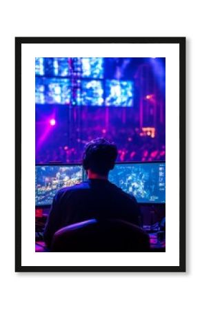 Back view of a gamer watching the monitors amidst the intense crowd lights show