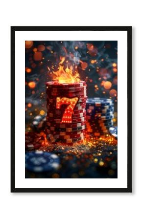 Flaming Red Numbers Isolated and Centered on Stack of Poker Chips and Playing Cards
