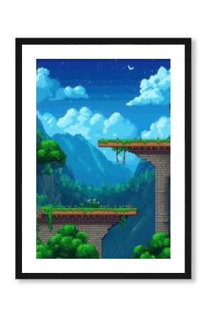 Pixel art landscape of mountain range with stone bridges at night under cloudy sky videogame style