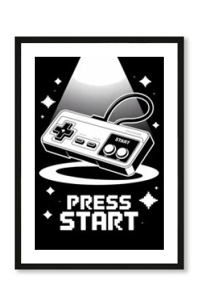Retro Gaming Console Controller Floats In A Digital Spotlight Above Pixelated Text Art