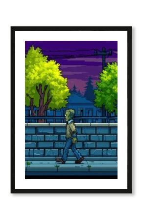 16-bit pixel art undead zombie walking in neighborhood at night