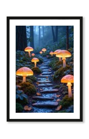 Enchanted Forest Pathway Illuminated by Glowing Mushrooms