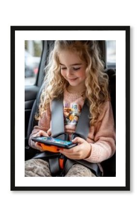 Little girl playing videogames on tablet in car seat during road trip