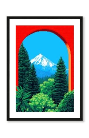 Pixelated mountain vista framed by red archway featuring lush green foliage